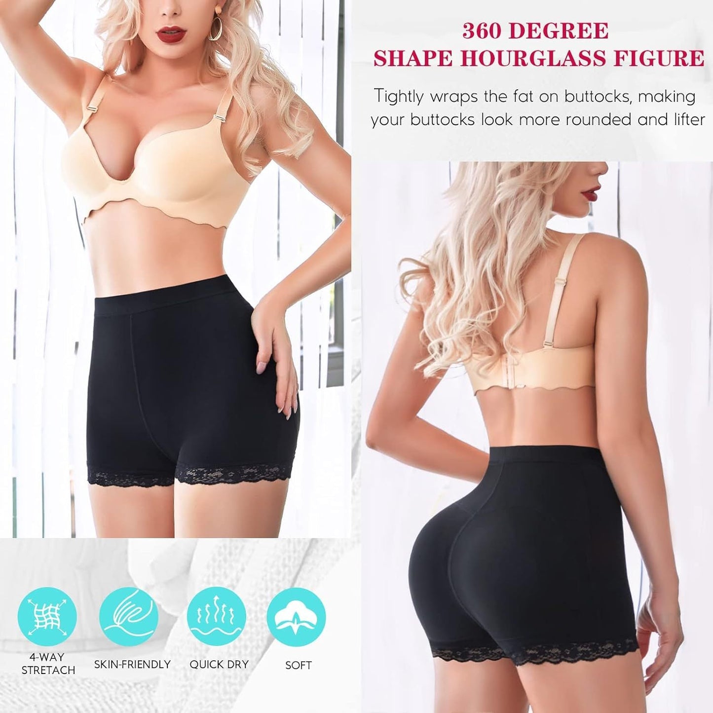Butt Lift Padded Shapewear Shorts - Lace Trim Thigh Slimming Control 