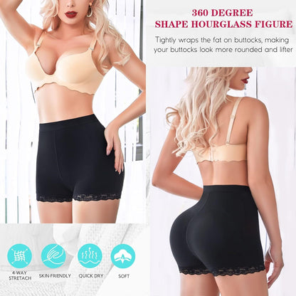 Butt Lift Padded Shapewear Shorts - Lace Trim Thigh Slimming Control 