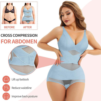 V-Neck Sports Bodysuit - Breathable Mesh Waist Shaping Cami 