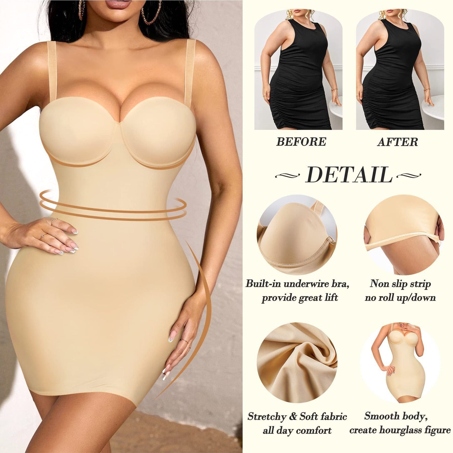 High Waist Shapewear Slip Dress - Slim Fit Hip Shaping Bodycon 