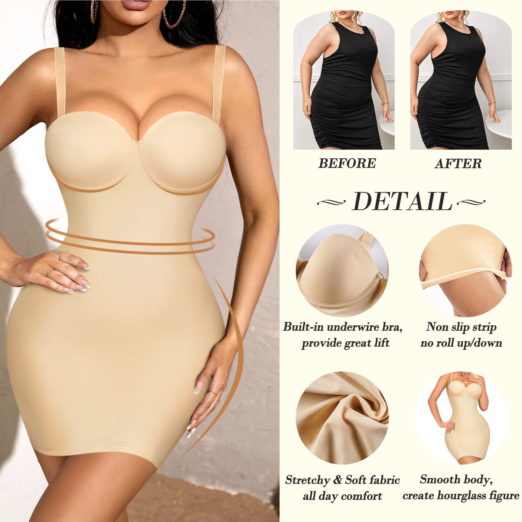 High Waist Shapewear Slip Dress - Slim Fit Hip Shaping Bodycon 