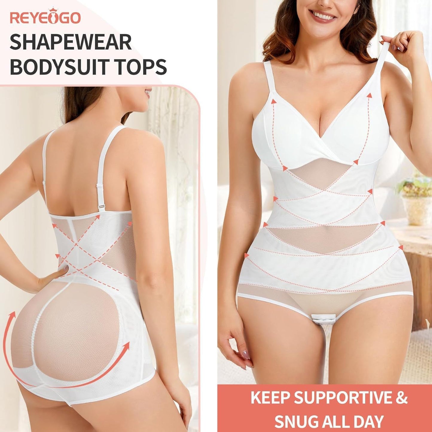 V-Neck Sports Bodysuit - Breathable Mesh Waist Shaping Cami 