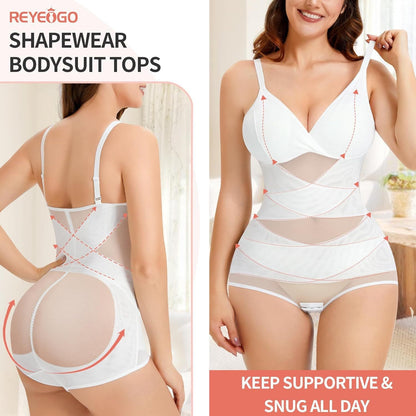 V-Neck Sports Bodysuit - Breathable Mesh Waist Shaping Cami 