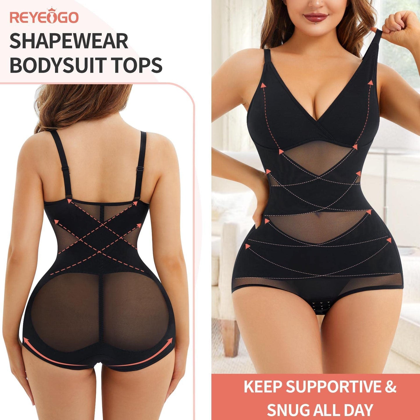 V-Neck Sports Bodysuit - Breathable Mesh Waist Shaping Cami 