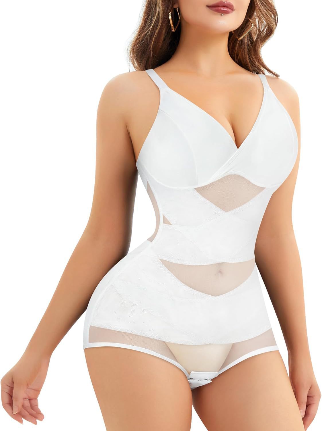 V-Neck Sports Bodysuit - Breathable Mesh Waist Shaping Cami 