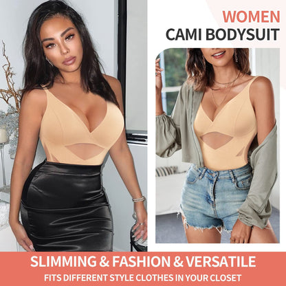 V-Neck Sports Bodysuit - Breathable Mesh Waist Shaping Cami 