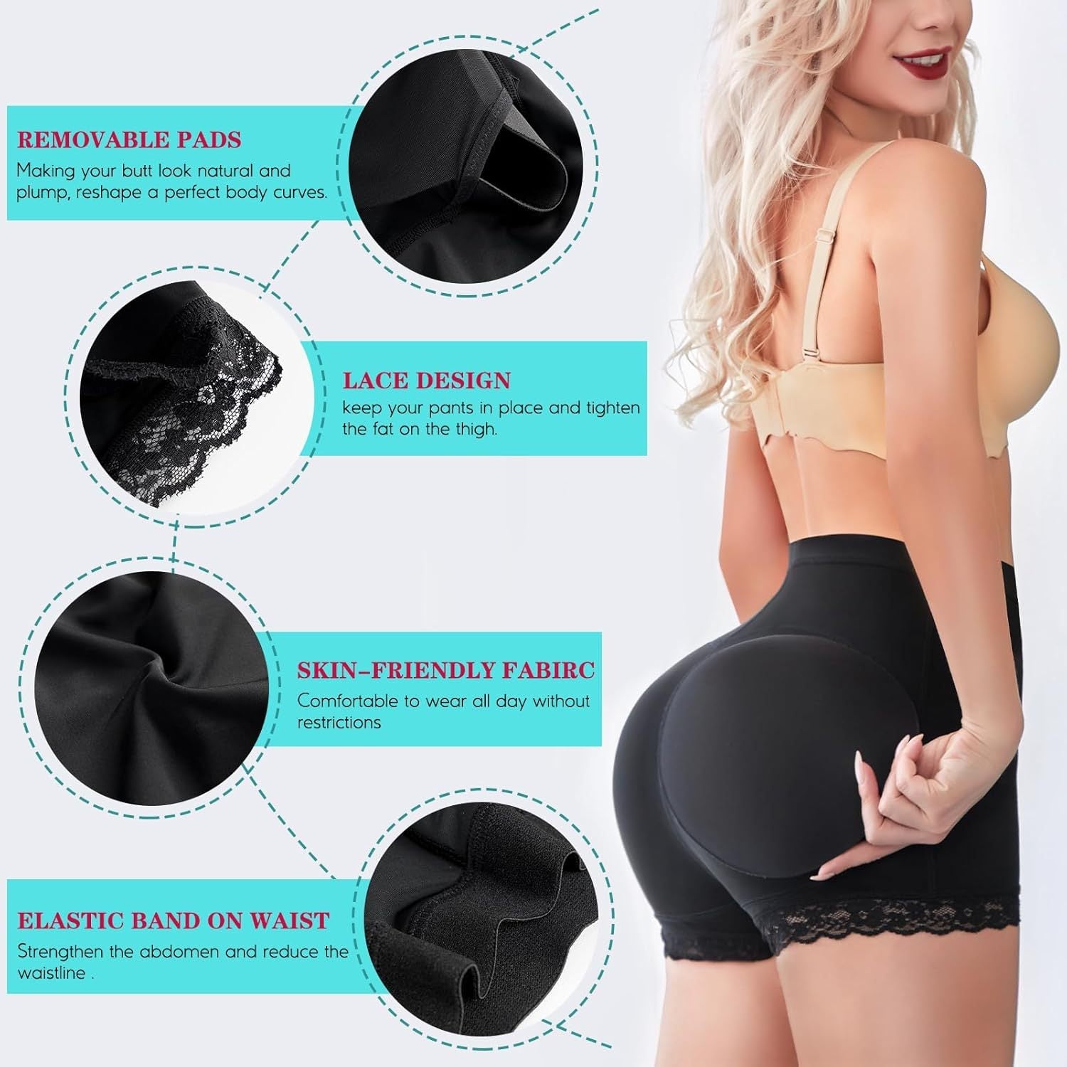 Butt Lift Padded Shapewear Shorts - Lace Trim Thigh Slimming Control 