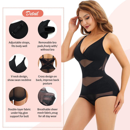 V-Neck Sports Bodysuit - Breathable Mesh Waist Shaping Cami 