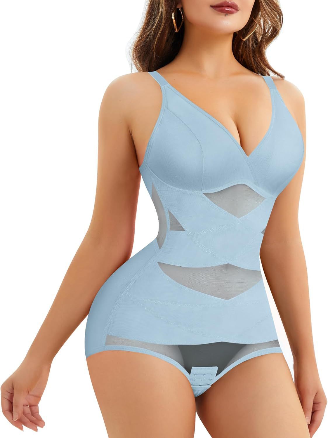 V-Neck Sports Bodysuit - Breathable Mesh Waist Shaping Cami 