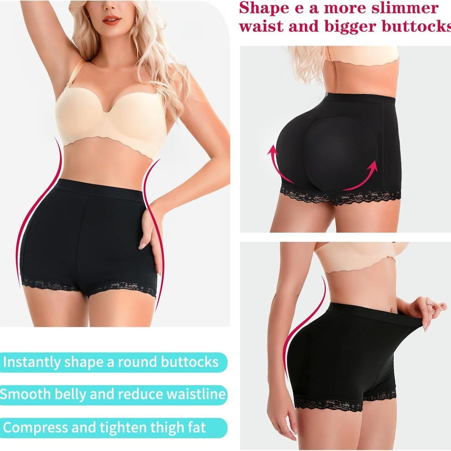 Butt Lift Padded Shapewear Shorts - Lace Trim Thigh Slimming Control 