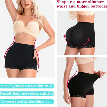 Butt Lift Padded Shapewear Shorts - Lace Trim Thigh Slimming Control 