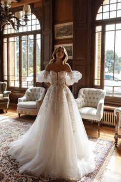 Off-shoulder lace bodice with intricate detailing
