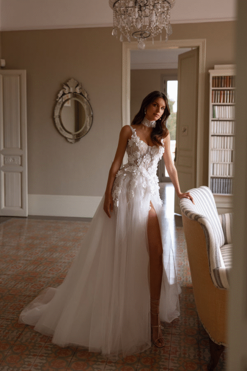 Structured bodice with illusion straps for support and elegance
