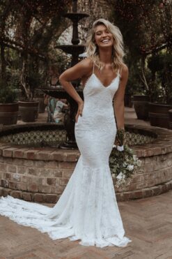 lace mermaid wedding gown with spaghetti straps and illusion back