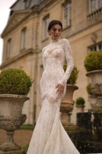 elegant details of the mermaid gown with corset lace high neck