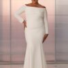 off-shoulder crepe wedding gown with back cutout and train