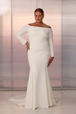 off-shoulder crepe wedding gown with back cutout and train