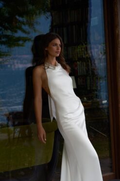 silk halter-neck wedding gown with slit detail