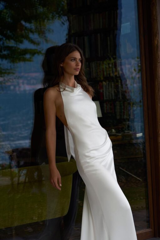 silk halter-neck wedding gown with slit detail