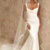 satin fit-and-flare wedding gown with draped neckline and train