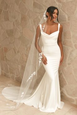 satin fit-and-flare wedding gown with draped neckline and train