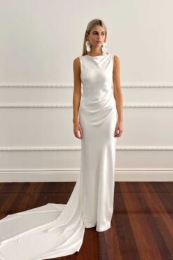 Minimalist wedding dress front view with bateau neckline