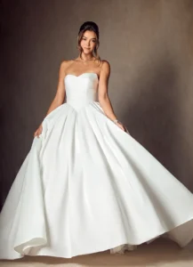 Bride in a classic A-line wedding dress with strapless bodice and full skirt