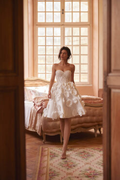 satin tea-length wedding dress with 3D floral skirt